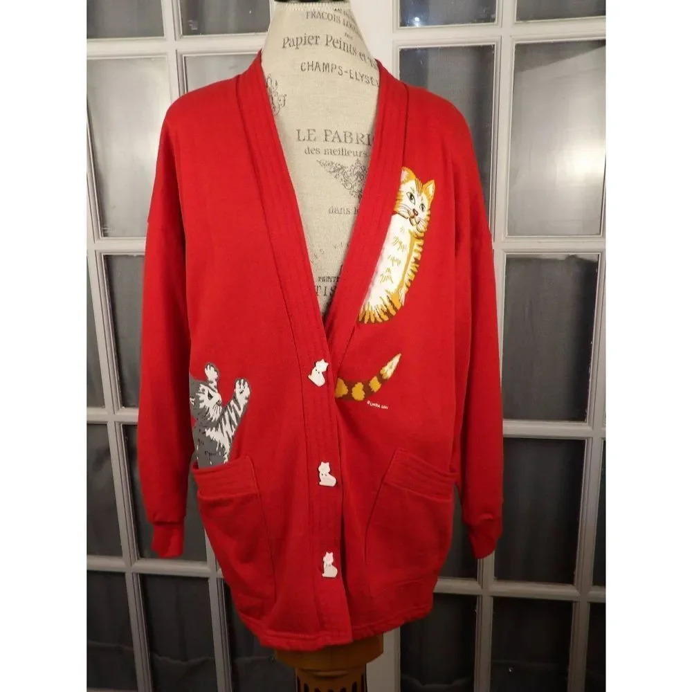 Vintage‎ Linda Lori Womens Red Cat Cardigan Sweater One Size OSFM